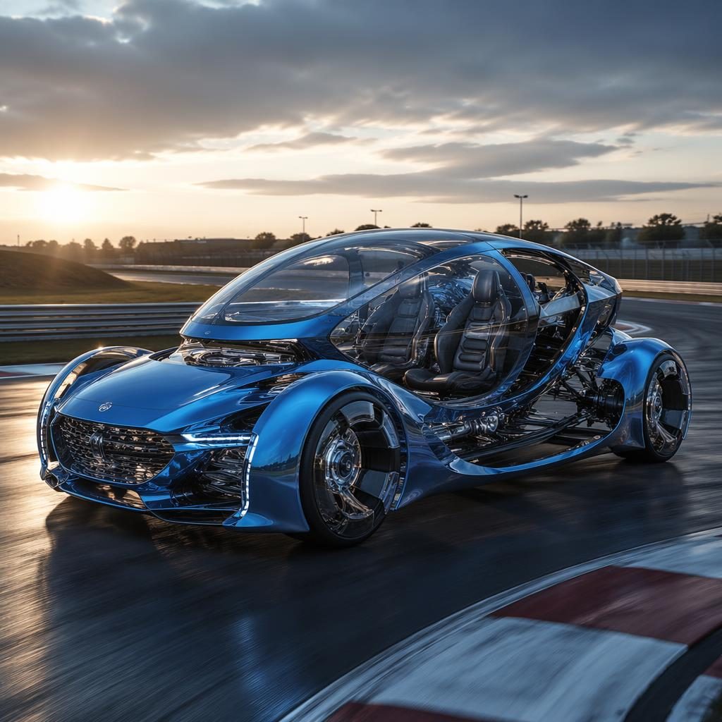 Futuristic electric blue sedan concept with transparent panels and rotating cabin pod on a race track, front three-quarter view.