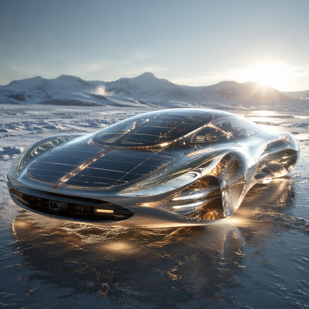 Low-angle render of a 2050 anti-gravity solar canopy commuter on frozen tundra with holographic bodywork.