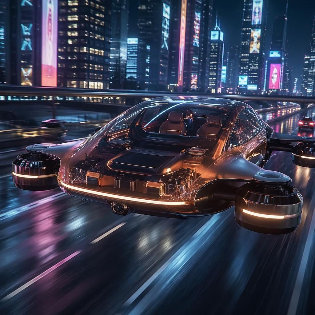 Transparent OLED body sedan flying above a neon megacity highway, copper pearl finish, sleek futuristic design.