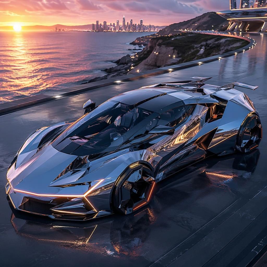 Aerial view of a hydrogen-powered 2080 autonomous pod supercar with liquid chrome bodywork at a coastal sunset