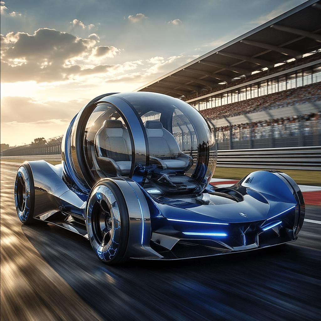 Three-quarter front view of a futuristic rotating cabin pod car with transparent panels and electric blue bodywork on a race track.