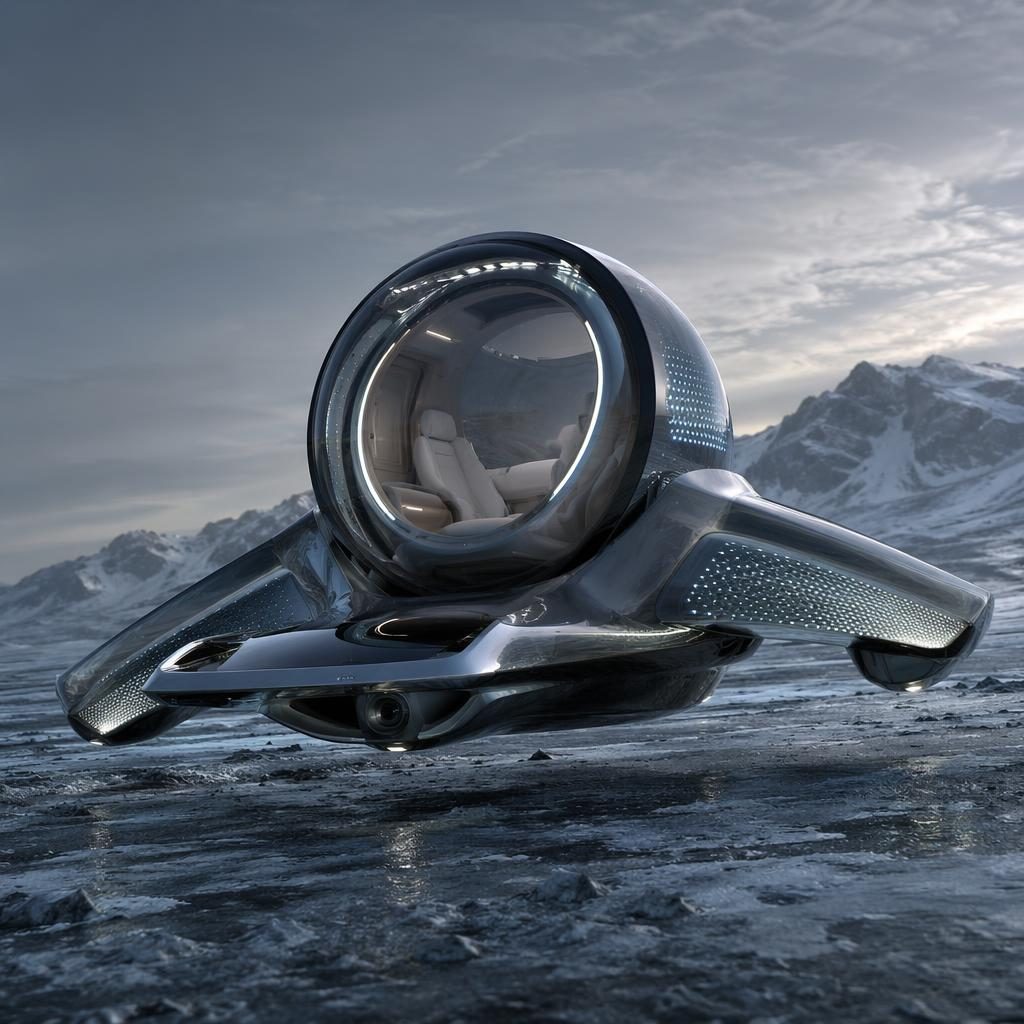 Render futuristického létajícího vozu 2050 s otočnou kabinou, holografickou karoserií a biomorfním designem na tundře.