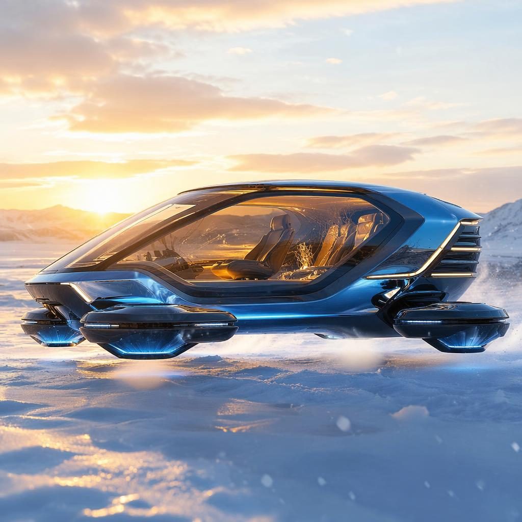 Futuristický levitující snow rover v elektricky modré barvě, boční pohled, průhledné panely, okruh.