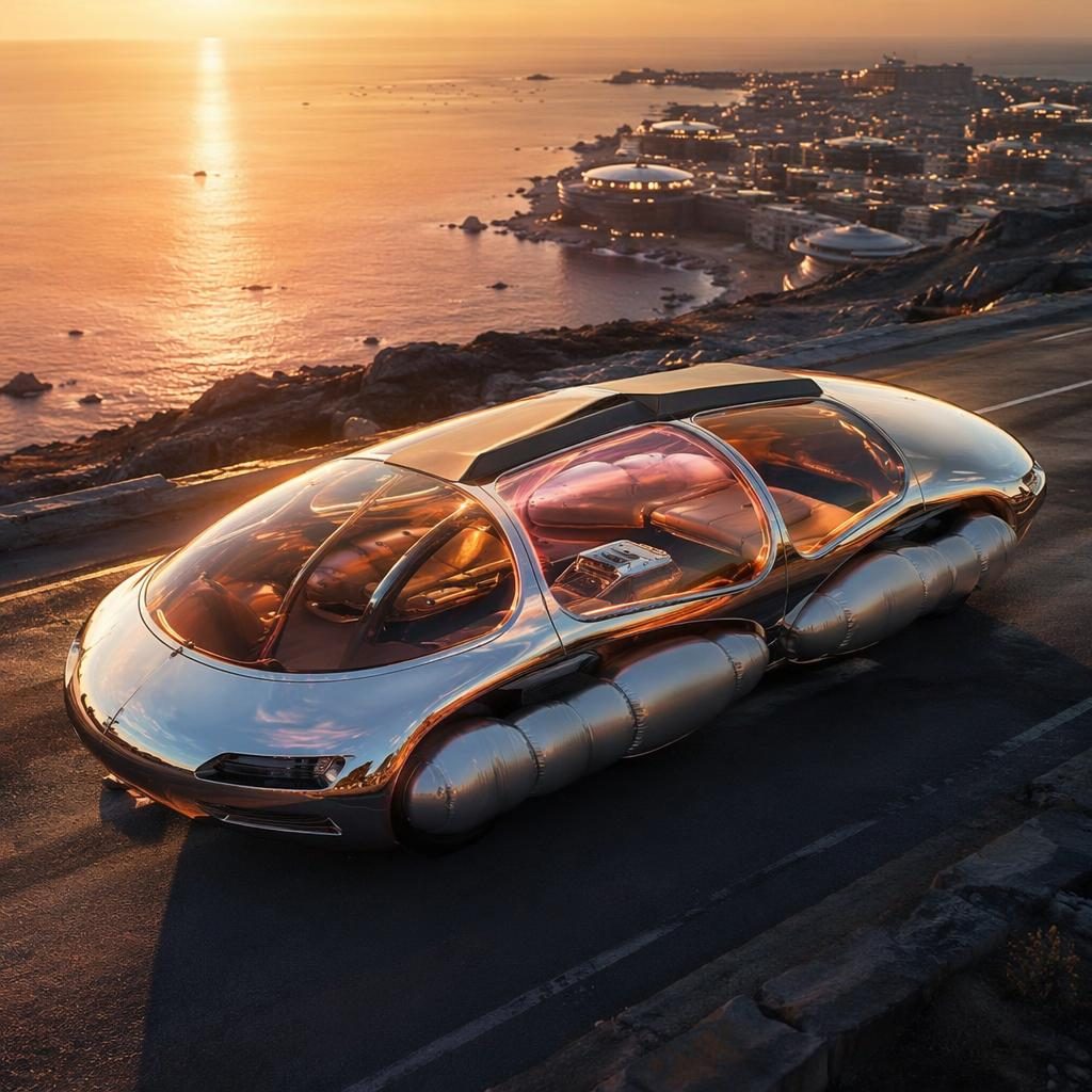 Aerial view of a liquid chrome futuristic hot hatch city pod on a coastal road at sunset, cyberpunk design render.