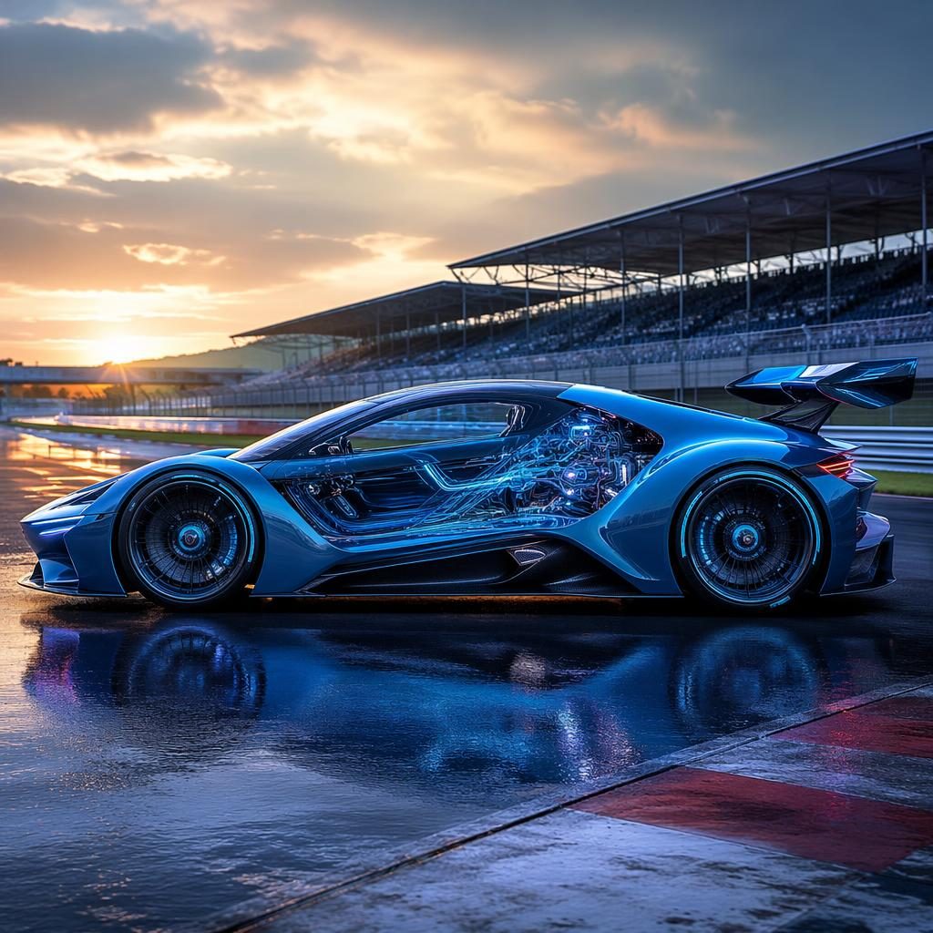 Rendu latéral d’une berline futuriste 2035 bleue, panneaux transparents, sur circuit sous lumière cinématique