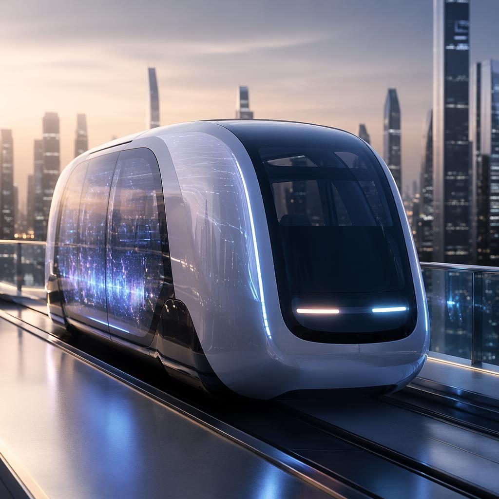 Futurystyczny autonomiczny pod 2050 z holograficznym nadwoziem na miejskim skywalku, ujęcie z przodu pod kątem