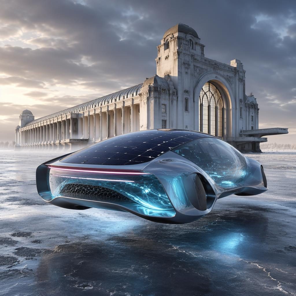 Futuristické SUV s antigravitačním pohonem, holografickou karoserií a solární střechou na zmrzlé tundře.