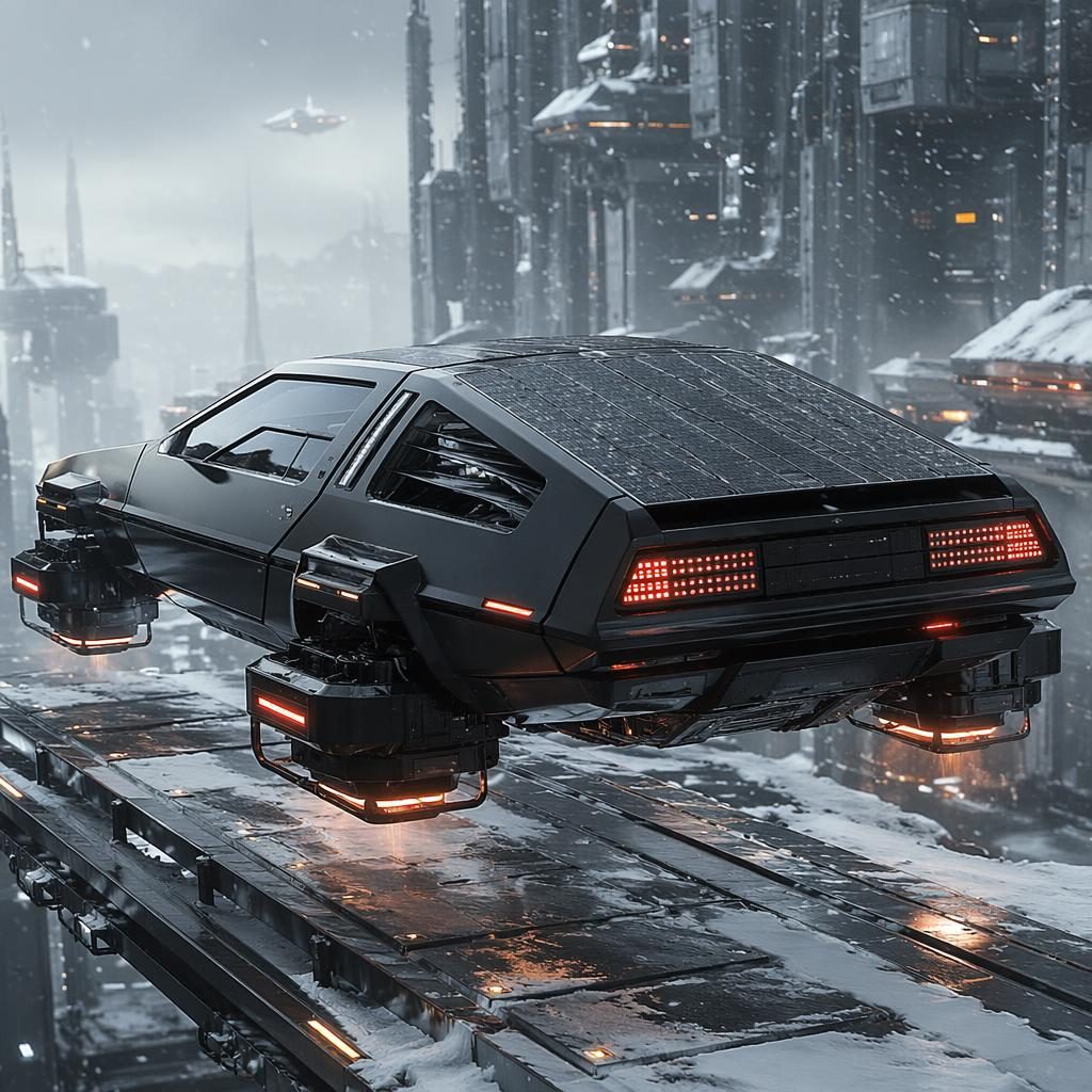 Rover des neiges volant rétro-futuriste noir mat, vue arrière trois quarts, sur passerelle urbaine verticale