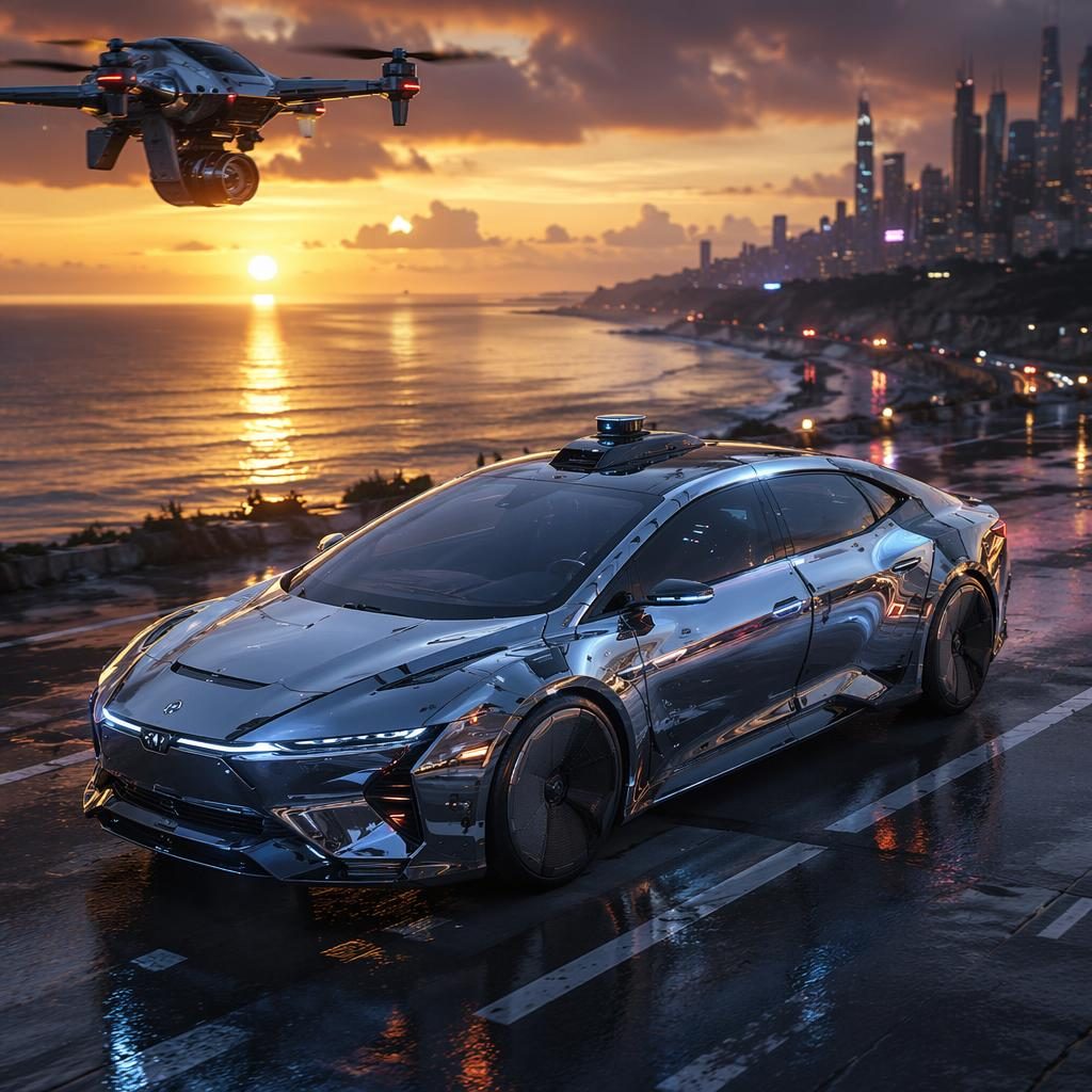 Aerial view of a futuristic cyberpunk armored sedan concept with liquid chrome body, coastal sunset lighting.
