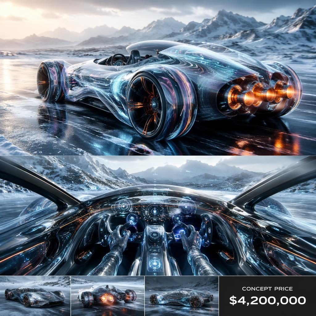 Interior POV of a 2100 anti-gravity wheeled rocket roadster on frozen tundra with holographic bodywork