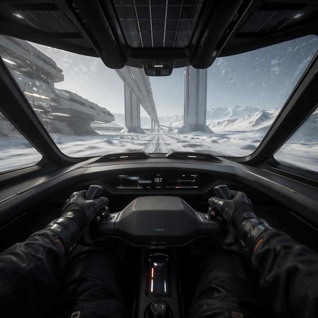 Interiér levitujícího snow roveru z roku 2100, matně černá karoserie, retro-futuristický design a městský skywalk