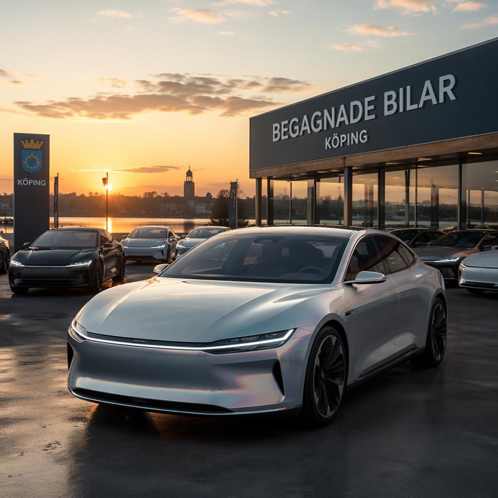 Futuristisk eldriven sedan i iriserande silver på bilgård vid solnedgång i Köping, med flera omärkta bilar i bakgrunden.