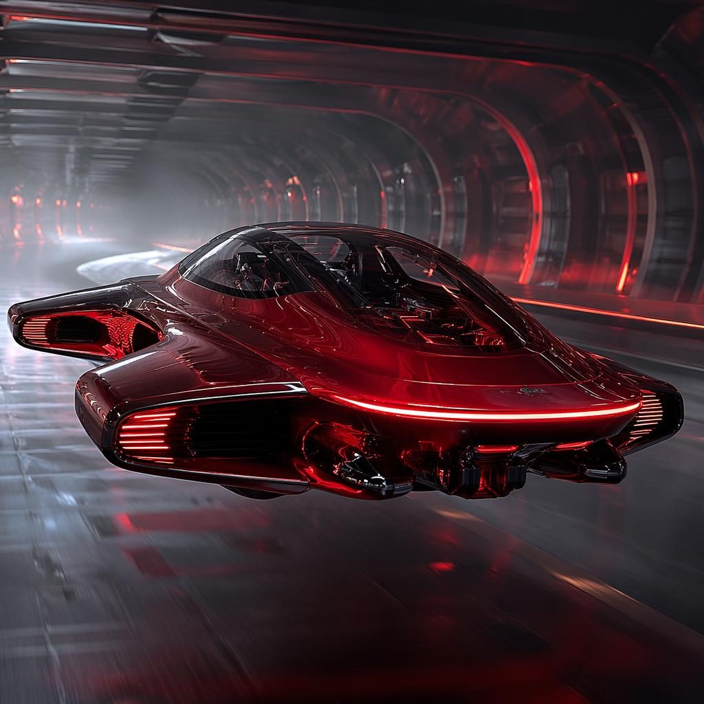Deep red translucent aerial flying car, three-quarter rear view, in an underground tunnel with cinematic lighting