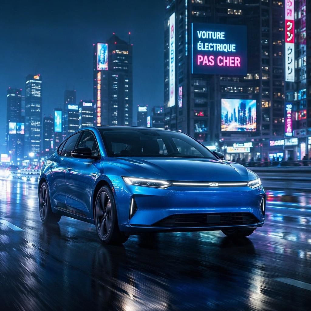 Berline électrique futuriste 2035 bleu électrique, vue trois-quarts avant, sur autoroute de mégalopole néon.