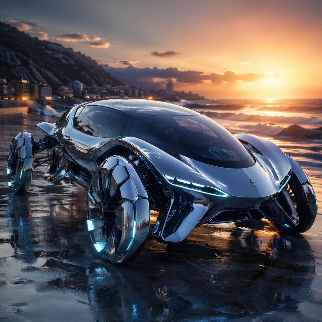 Futuristische Wasserstoff-Limousine im Cyberpunk-Stil mit Liquid-Chrome-Karosserie bei Küsten-Sonnenuntergang