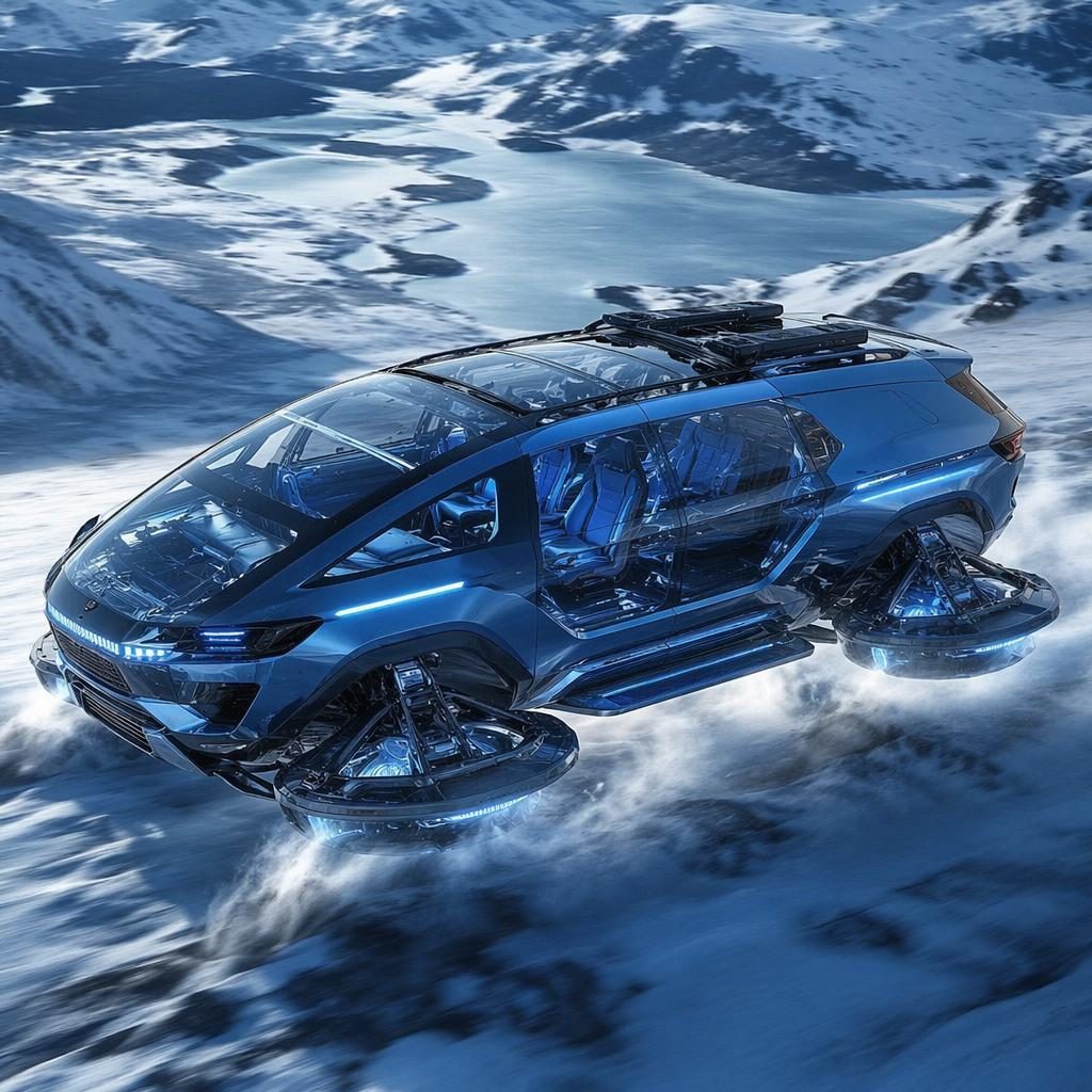 Levitující snow rover 2080 s průhlednými panely a elektricky modrou karoserií nad závodní tratí, letecký pohled.