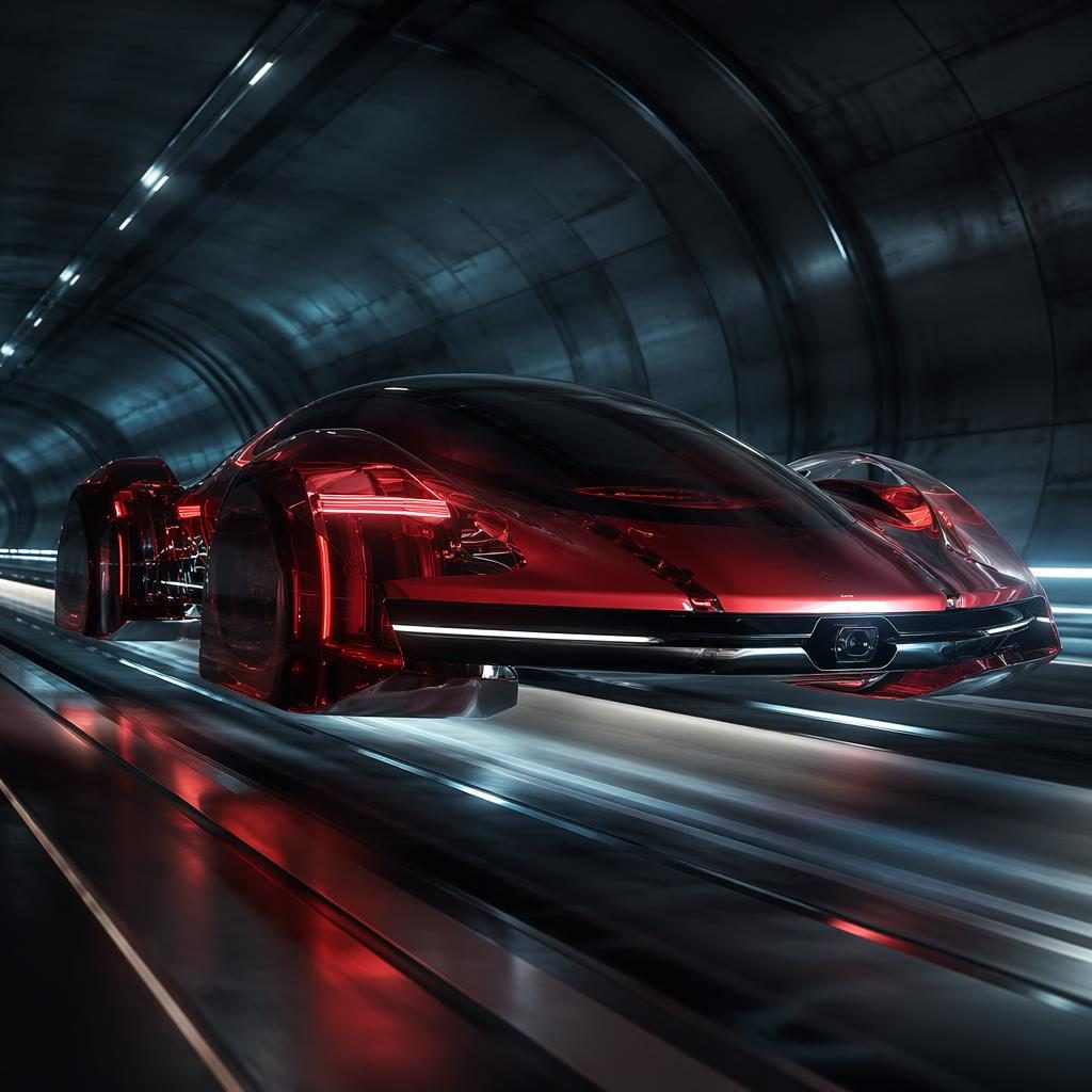 Deep red translucent 2050 maglev grand tourer in an underground tunnel, shown from a low front angle with cinematic lighting.