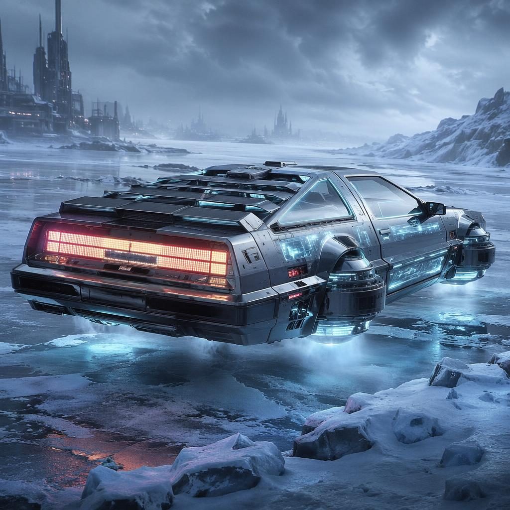 Rear three-quarter view of a cyberpunk armored sedan with holographic bodywork on a frozen tundra