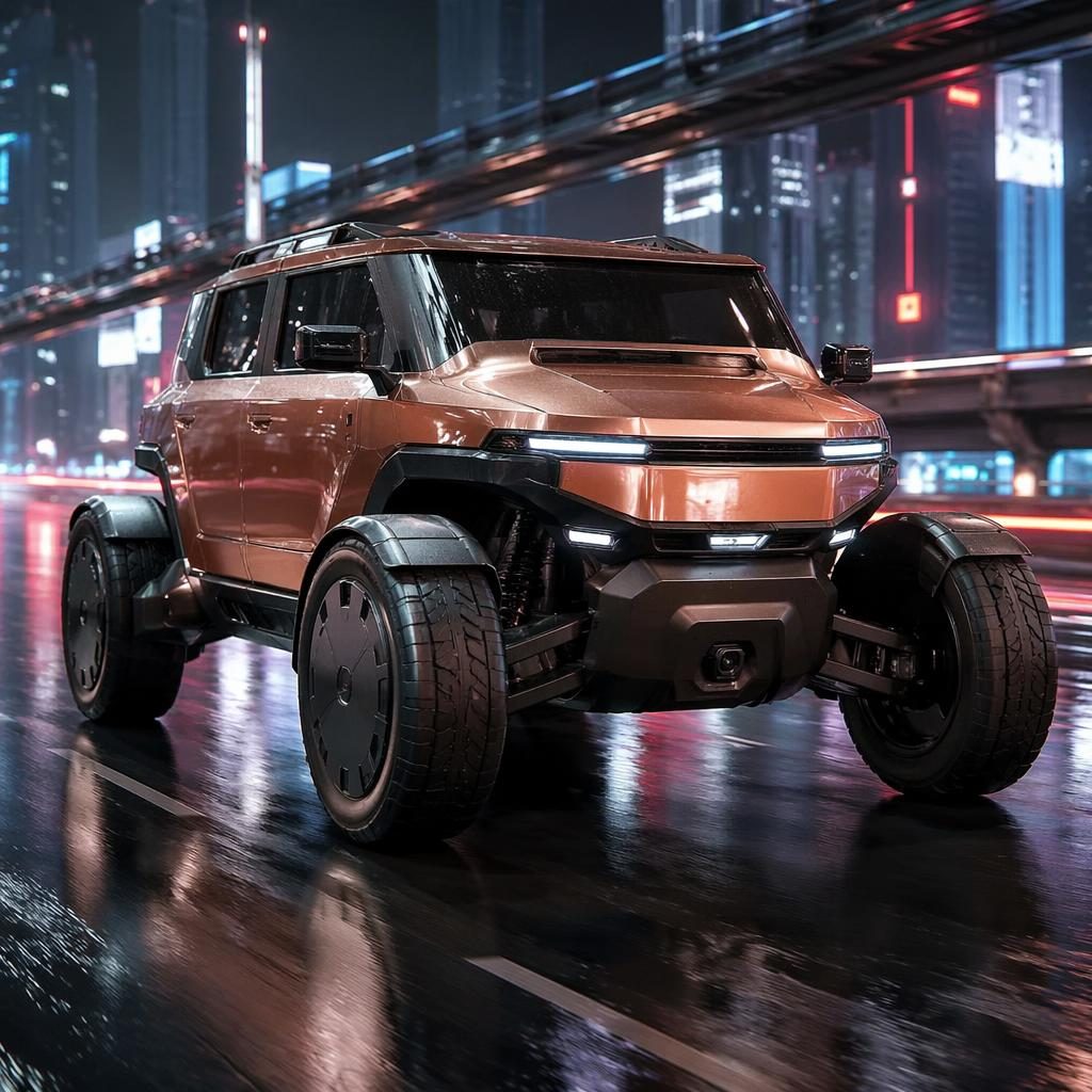 Copper pearl futuristic hummer reverse trike EV render on a neon megacity highway, low front view, cinematic lighting