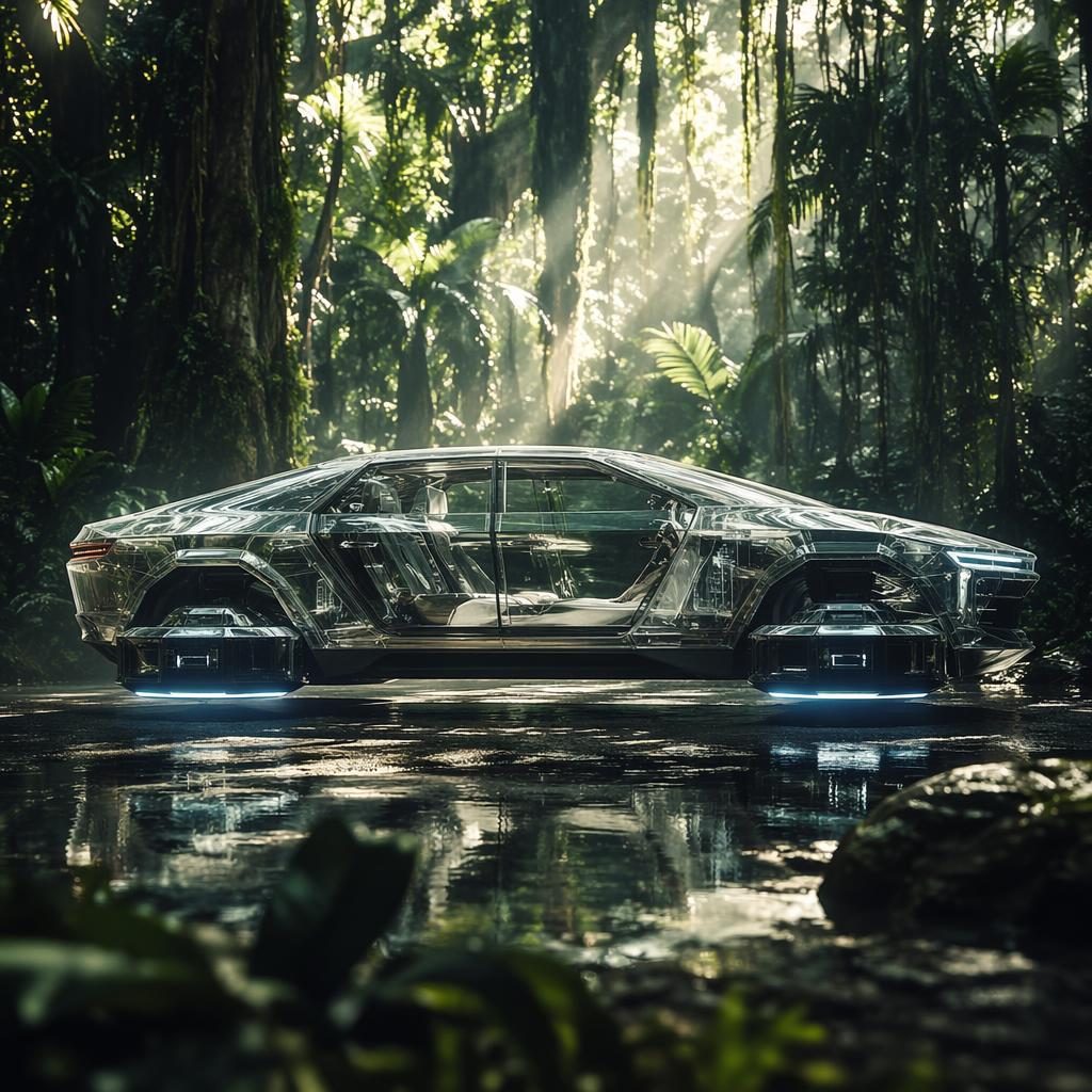 Rendu latéral d’une sedan futuriste 2035 à carrosserie OLED transparente, style brutaliste, dans une jungle