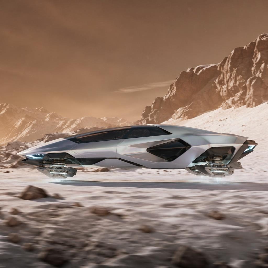 Side view of a futuristic silver levitating snow rover on a Mars-like desert, with aggressive aerodynamic styling.