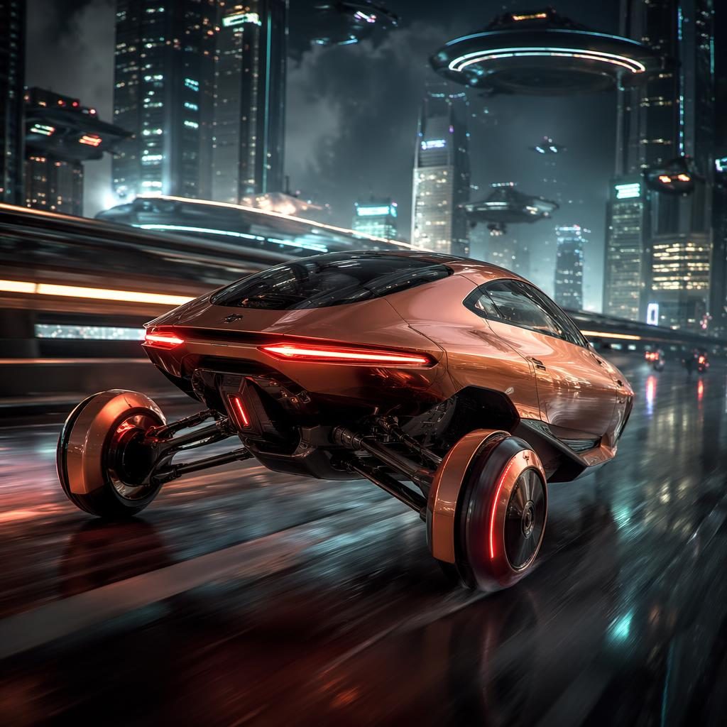 Render d’un reverse trike électrique futuriste cuivré, vue arrière trois-quarts, sur autoroute de mégalopole néon.