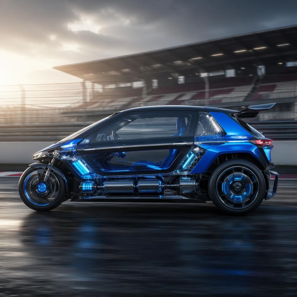 Rendu d’un reverse trike électrique futuriste 2035, profil latéral, carrosserie bleu électrique et panneaux transparents sur circuit