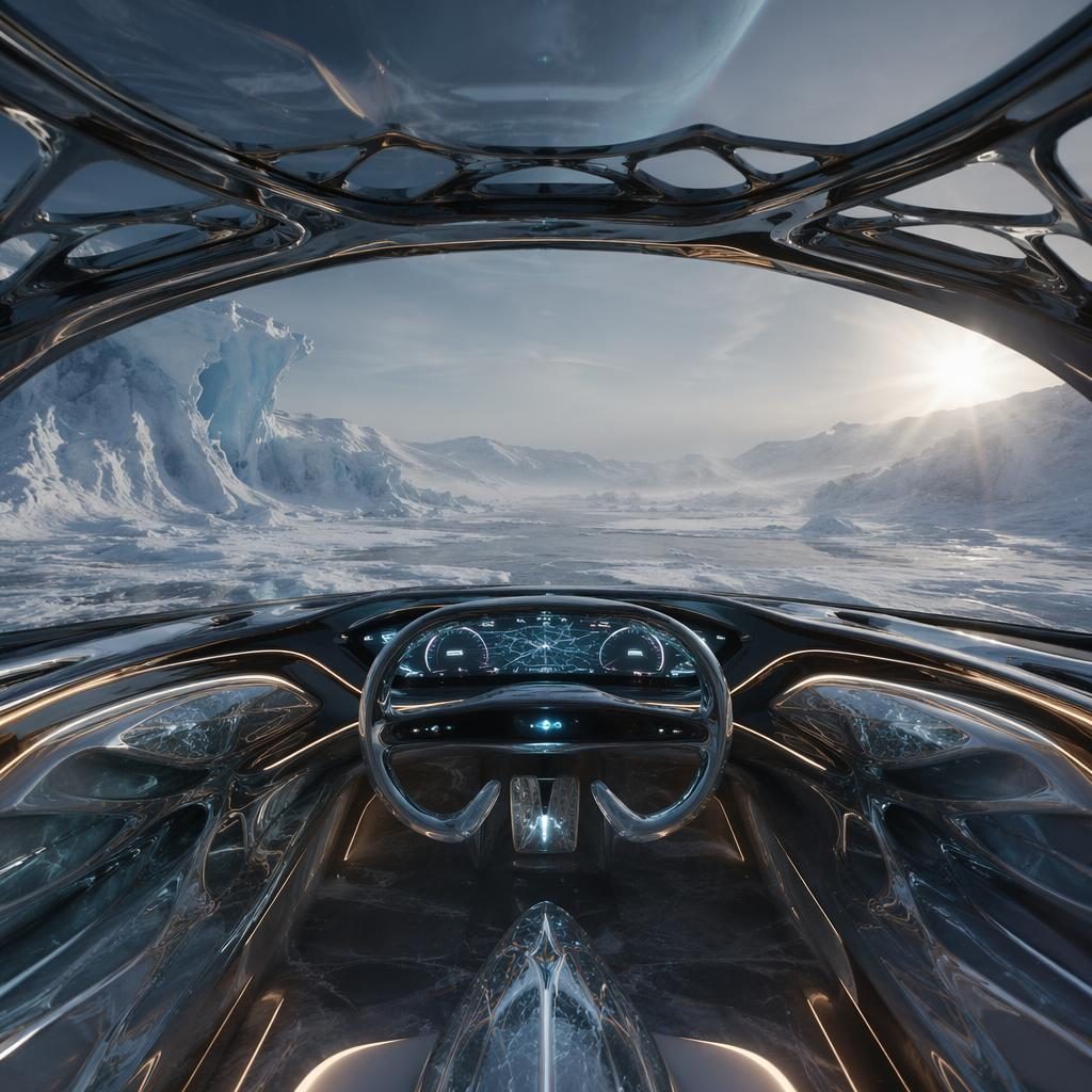Vista interior de un sedán futurista con carrocería OLED transparente sobre tundra helada, diseño orgánico y luz cinematográfica.