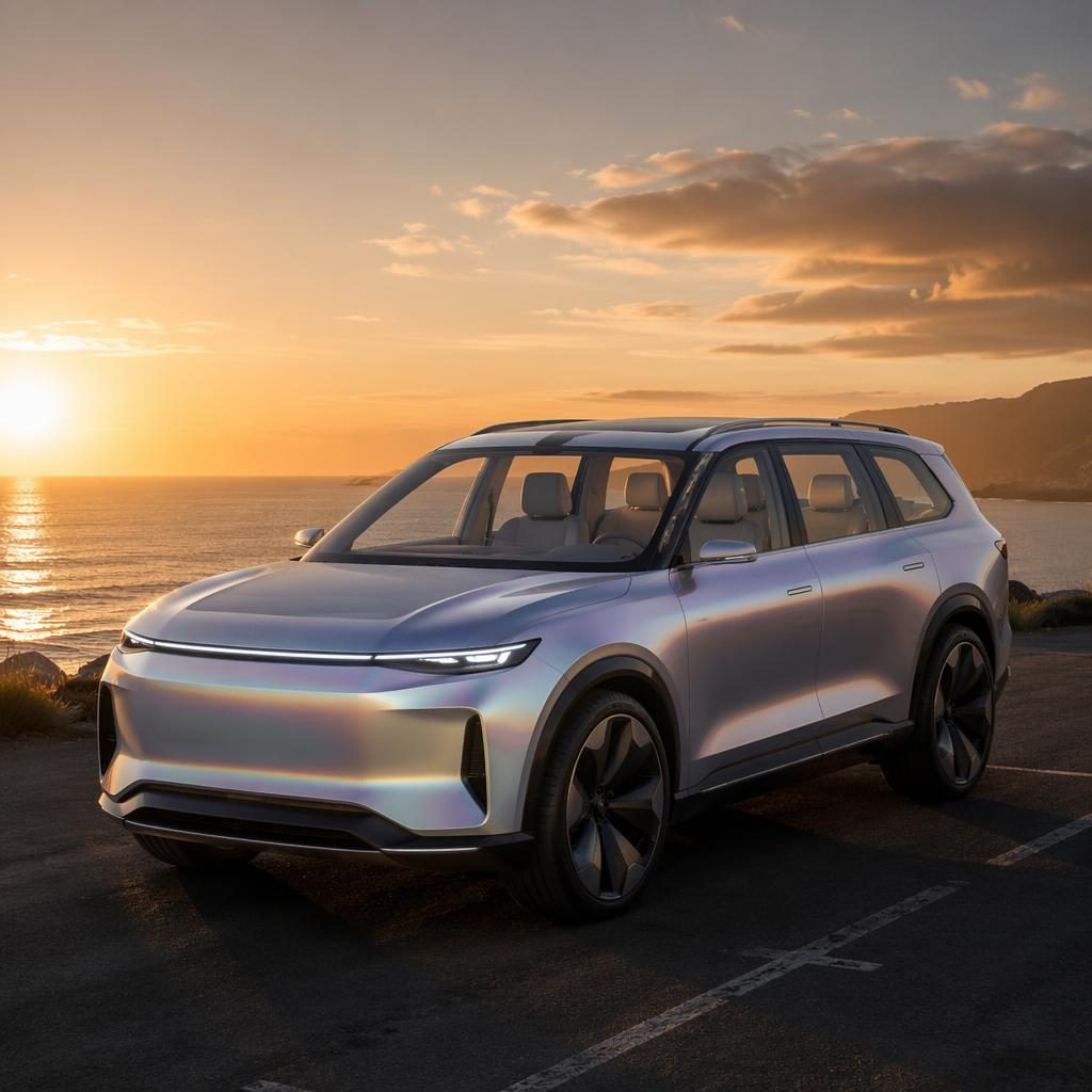 Rendu photoréaliste d’un SUV électrique 2050 7 places argent irisé, vue avant trois-quarts au coucher de soleil côtier.