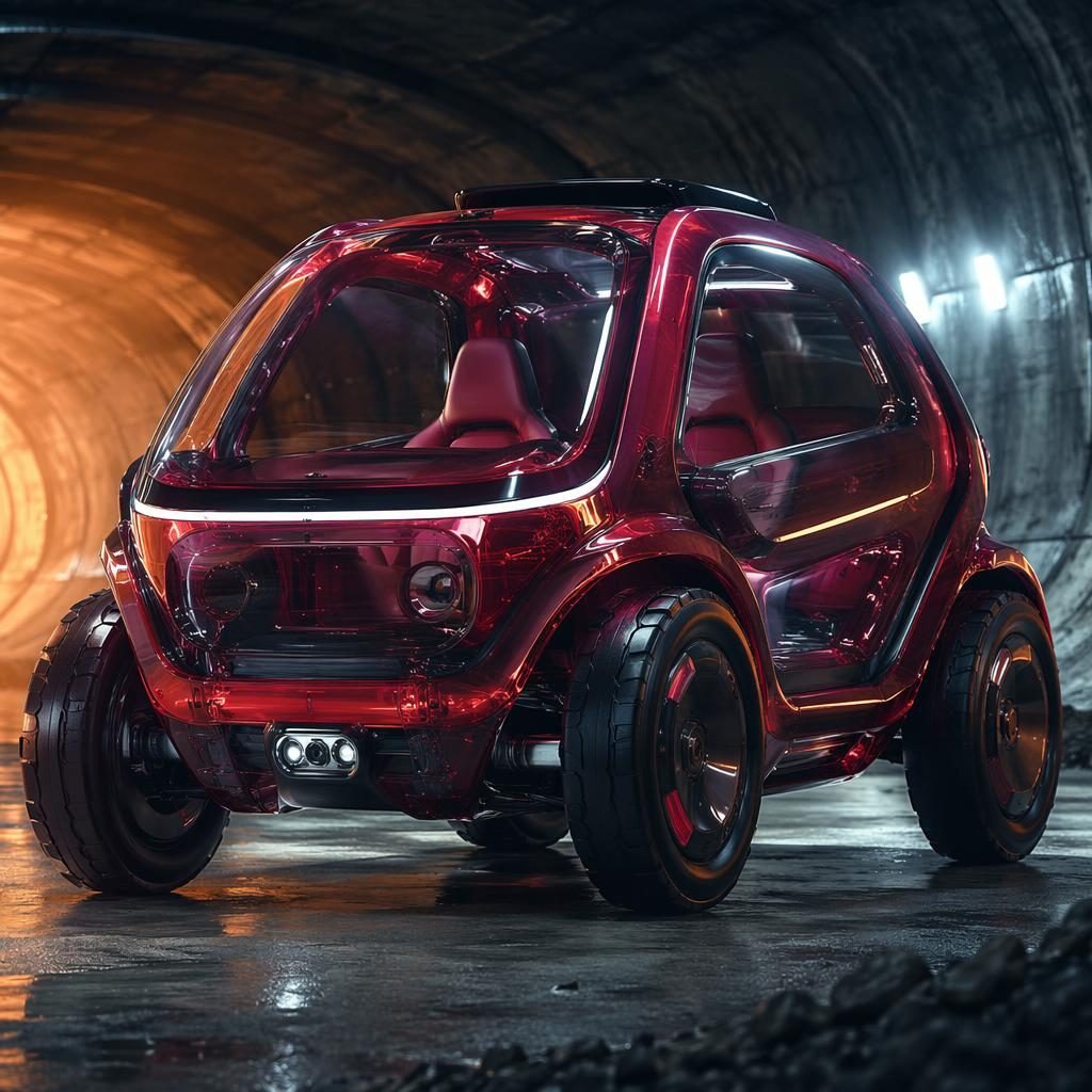 Rendu d’un SUV futuriste 2050 rouge translucide, vue basse dans un tunnel souterrain, style urbain gonflable