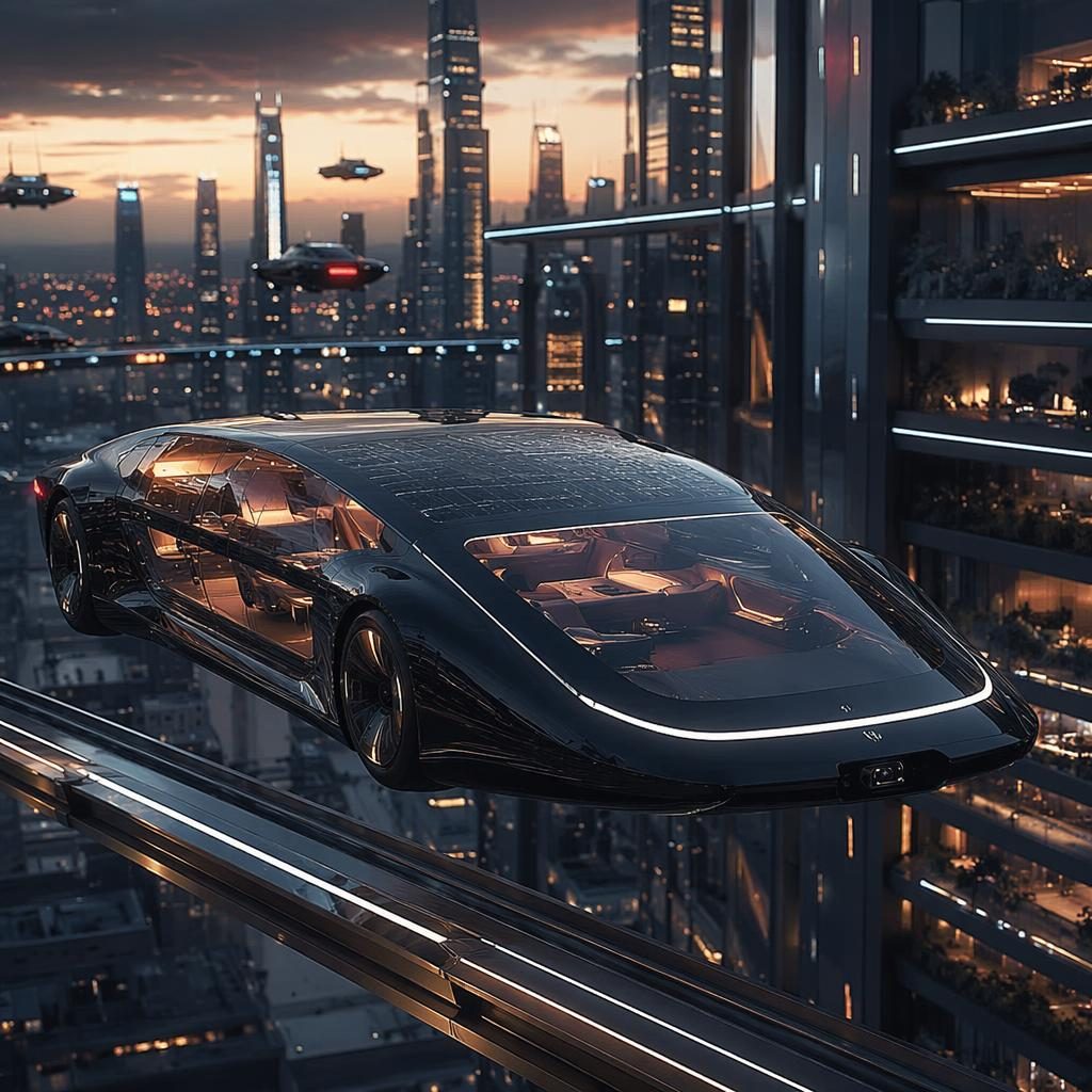 Transparent OLED-bodied 2050 flying sedan with matte black solar skin, low front view on a vertical city skywalk