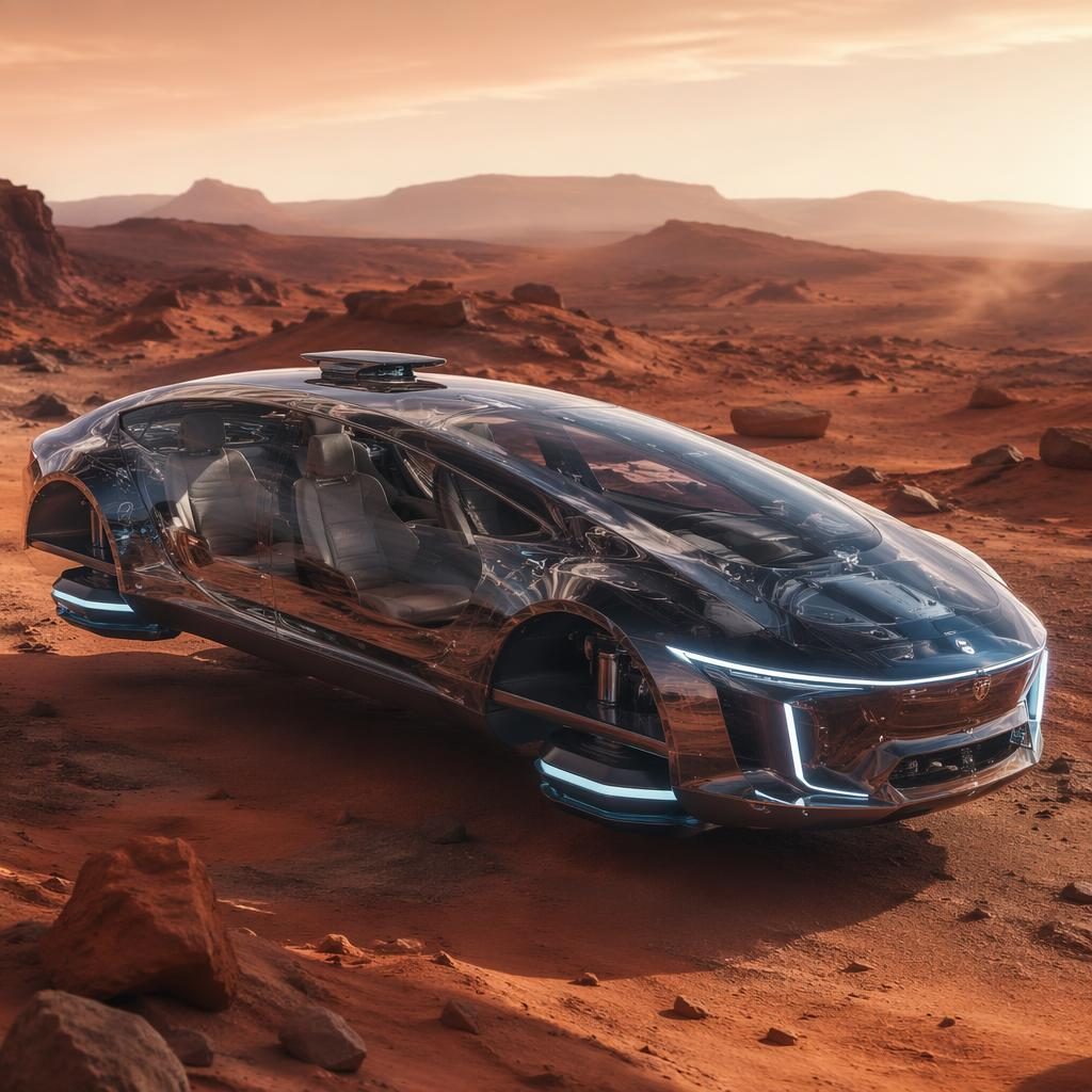 Transparente OLED-Limousine mit irisierend silberner Karosserie schwebt über karger Marslandschaft, Luftaufnahme