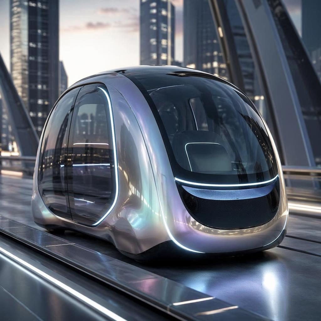 Fotorealistyczny autonomiczny pod 2050 w iryzującym srebrze, widok 3/4 z przodu na miejskim skywalku