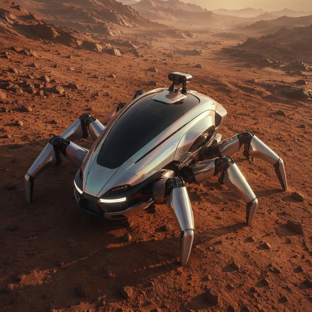 Aerial view of a 2080 autonomous insect-like pod with iridescent silver body on a Mars-like desert landscape.