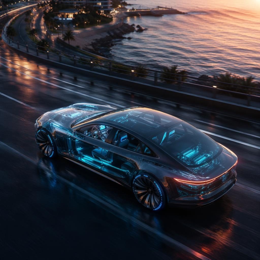 Aerial view of a transparent OLED 2080 hydrogen-powered sedan with liquid chrome bodywork at a coastal sunset.