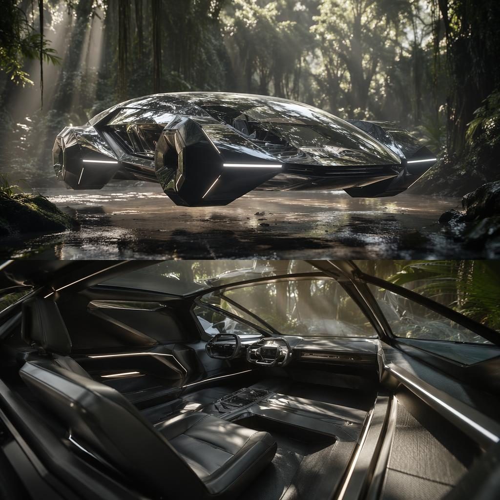 Futuristisches Sportcoupé mit kristallklarer Karosserie im Brutalismus-Design, Front-Dreiviertelansicht im Dschungel