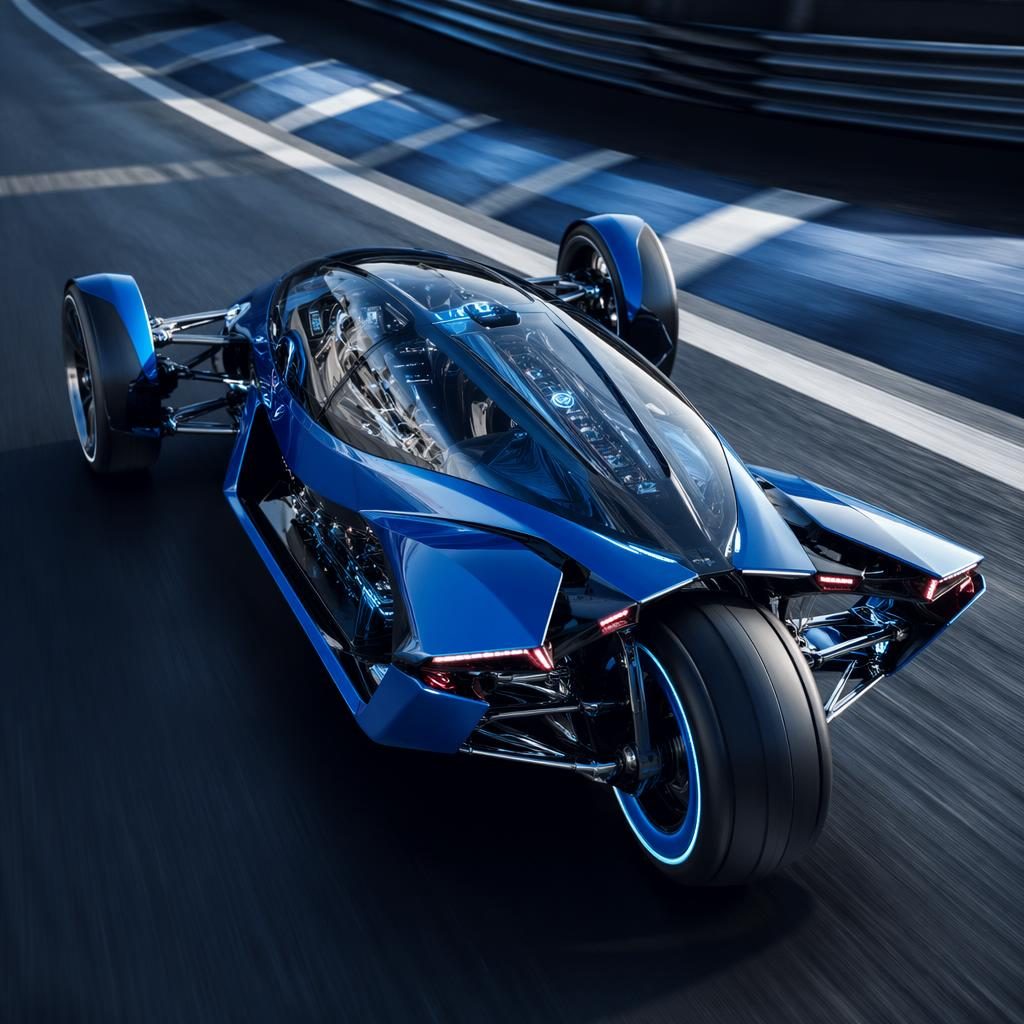 Aerial view of a futuristic reverse trike hot hatch concept in electric blue on a race track with transparent panels.