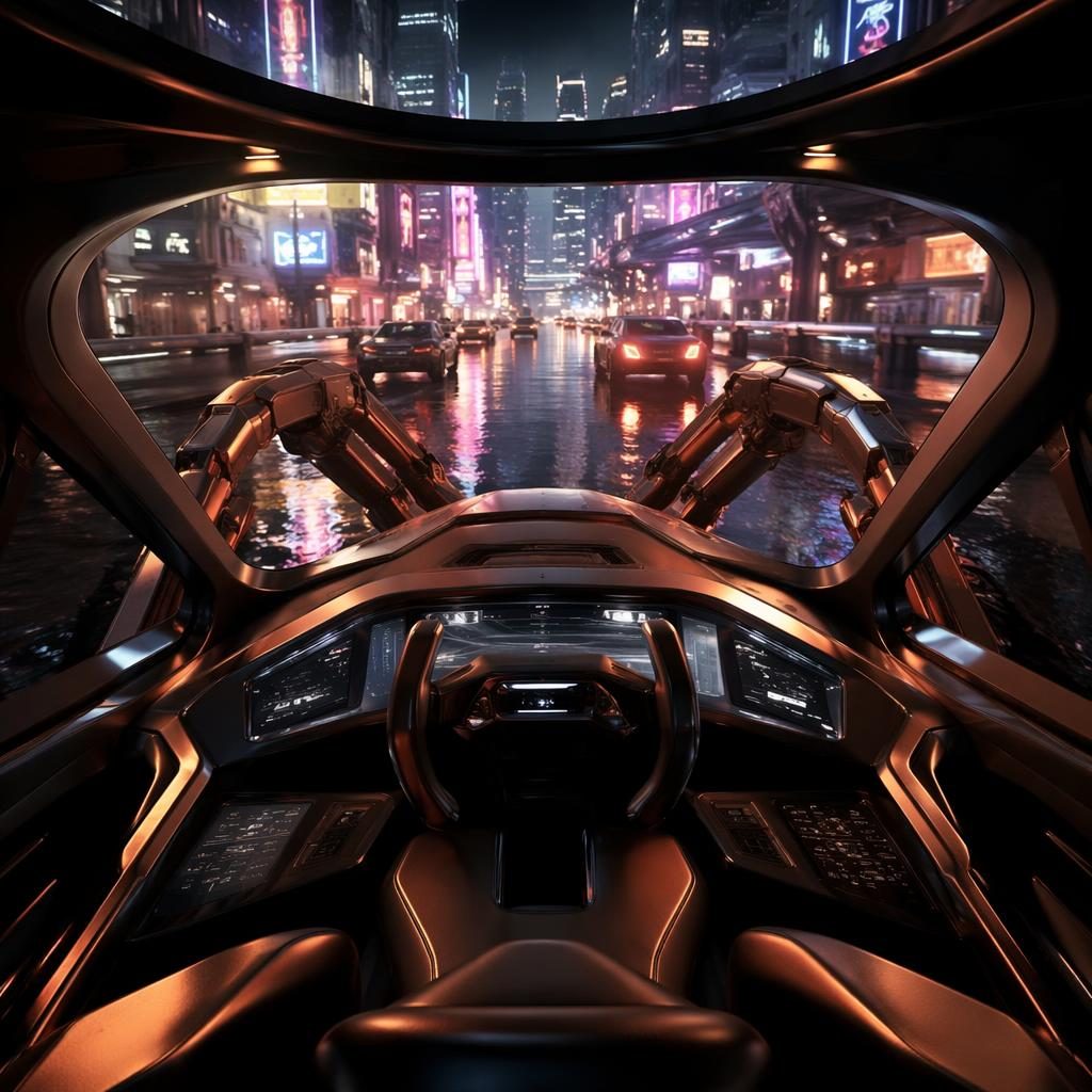 Interior POV of a copper pearl electric off-roader with biomimetic insect styling on a neon megacity highway