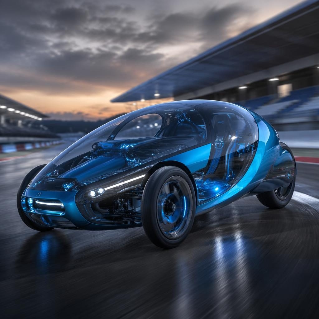 Futuristic reverse trike concept car render with transparent panels, electric blue body, and race track backdrop