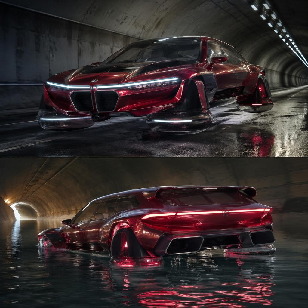 Futuristický obojživelný hovercar SUV z roku 2050 v tmavě červené, průsvitné karoserii v podzemním tunelu.