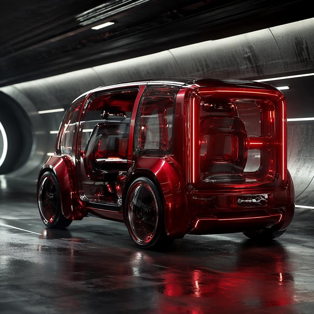 Render de un carro del futuro modular rojo translúcido, vista trasera tres cuartos, en un túnel subterráneo