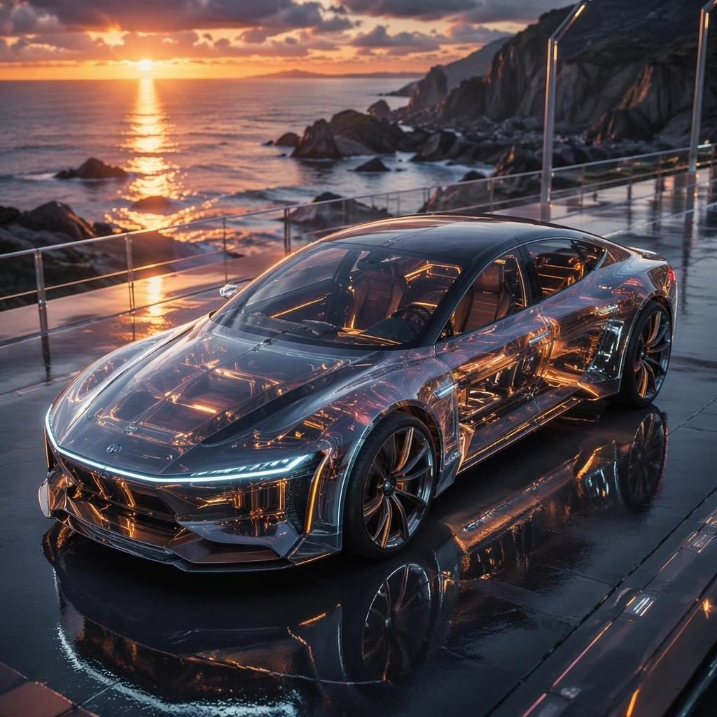 Aerial view of a futuristic transparent OLED hydrogen sedan with liquid chrome bodywork on a coastal road at sunset.
