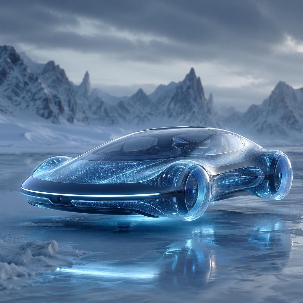 Rendu d’une GT 2050 en lévitation magnétique, carrosserie holographique, design biomimétique, sur tundra gelée