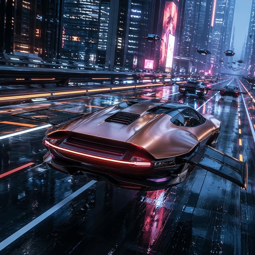 Futuristický létající elektromobil s měděnou perleťovou karoserií na neonové dálnici v megaměstě, zadní tříčtvrteční pohled.