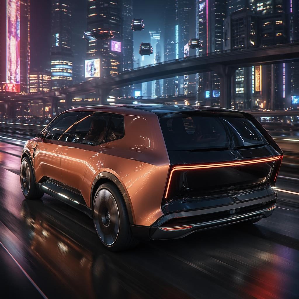 Copper pearl futuristic autonomous SUV pod taxi on a neon megacity highway, shown from the rear three-quarter view