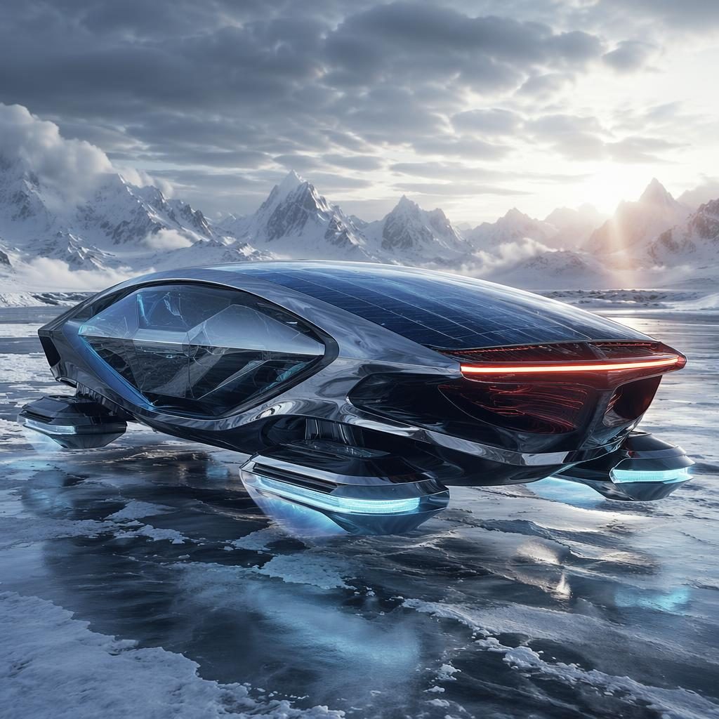 Concept render of a futuristic anti-gravity off-roader with holographic bodywork on a frozen tundra, rear three-quarter view