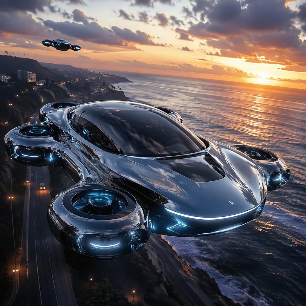 Futuristische fliegende Limousine im Jahr 2200 mit Liquid-Chrome-Karosserie über Küste bei Sonnenuntergang