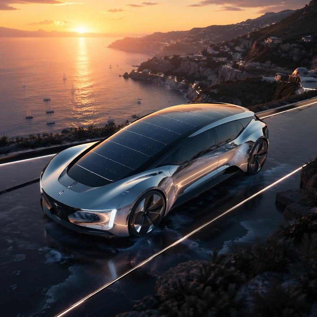 Futuristisches Sportcoupé mit Solardach und Liquid-Chrome-Karosserie bei Küsten-Sonnenuntergang aus der Luft