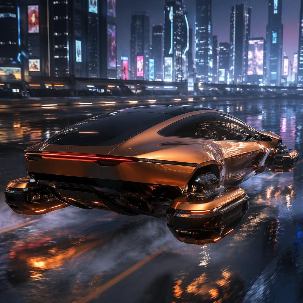 Render d’une voiture du future amphibie électrique cuivrée, vue arrière trois quarts, sur autoroute de mégapole néon