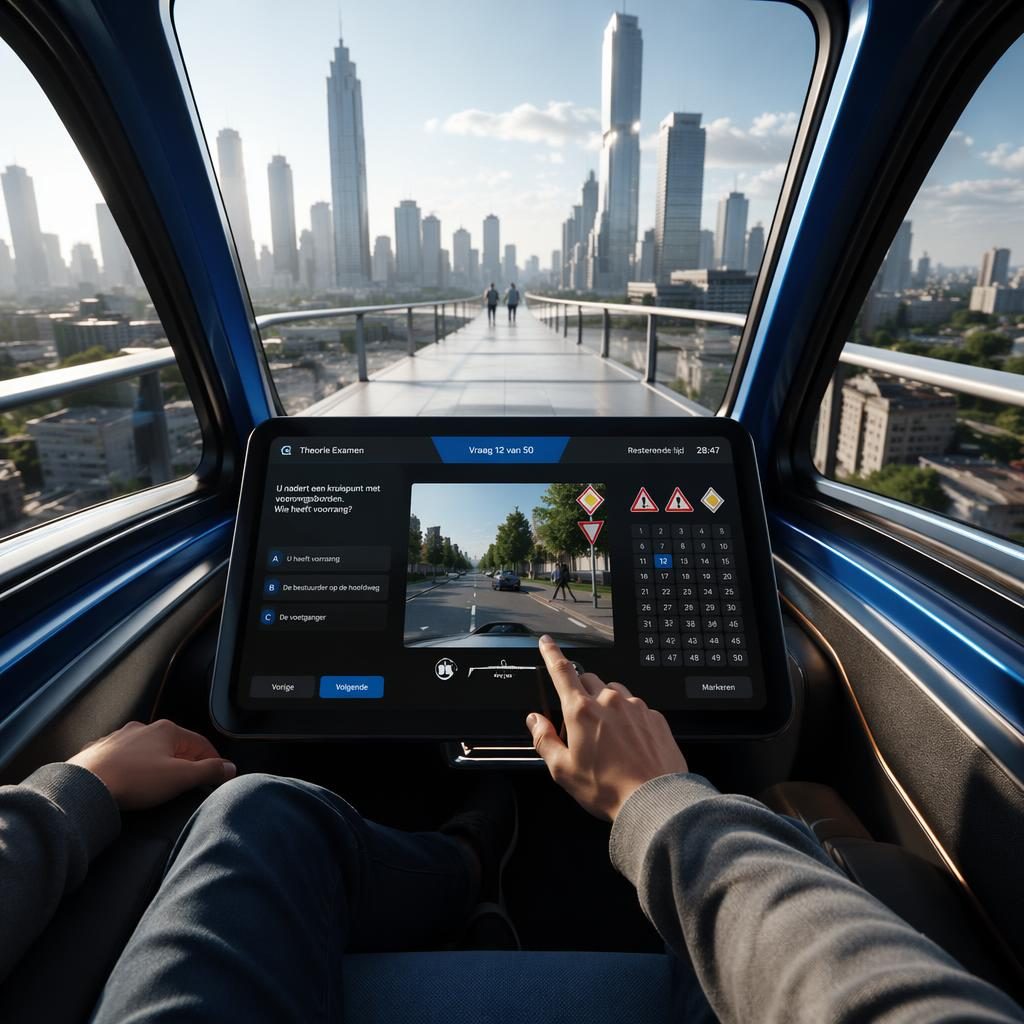 Interieurbeeld van een futuristische 2050 autonome pod op een skywalk met Nederlands cbr theorie examen scherm.